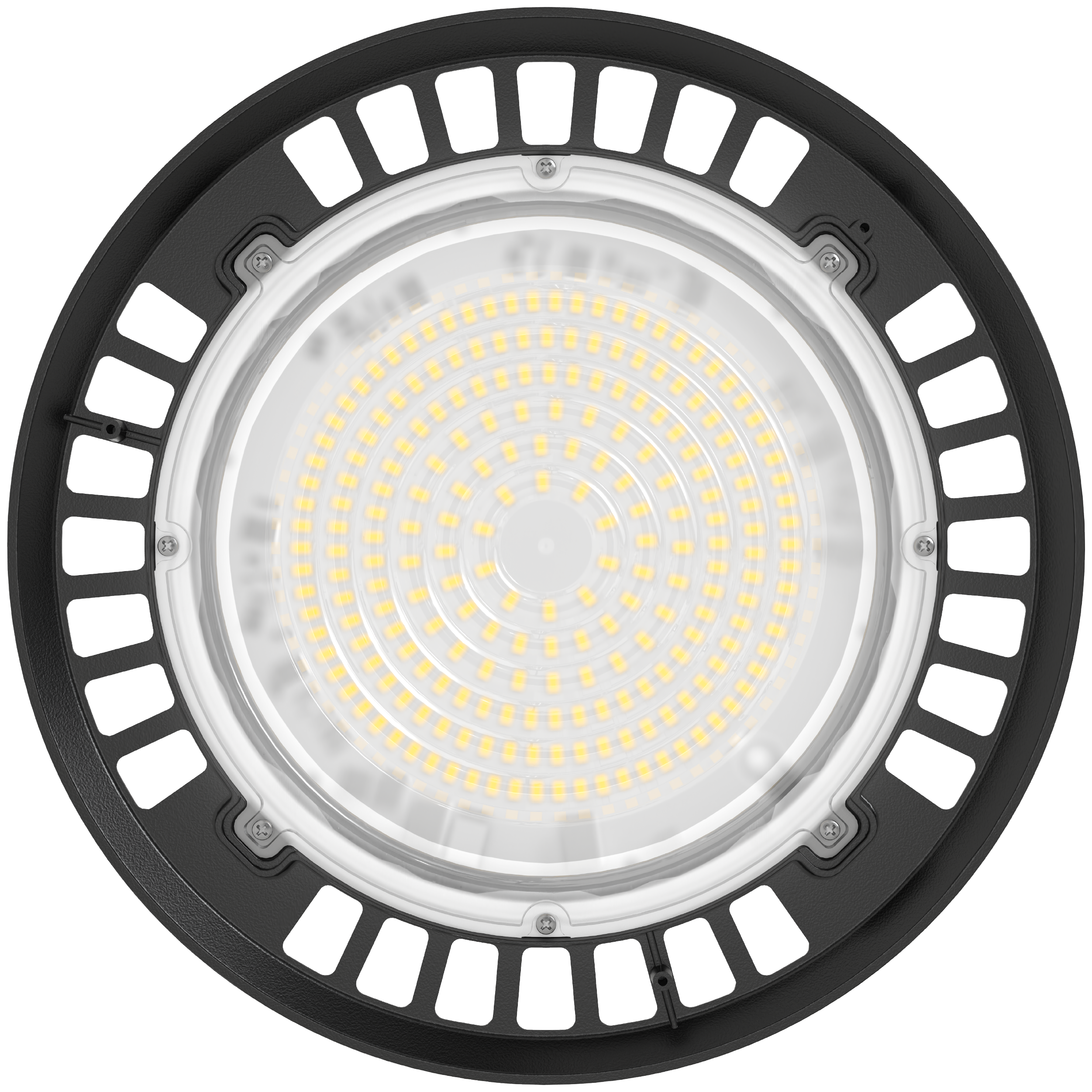 Front view of UFO high bay light with clear lens and circular LED array inside a black vented housing.