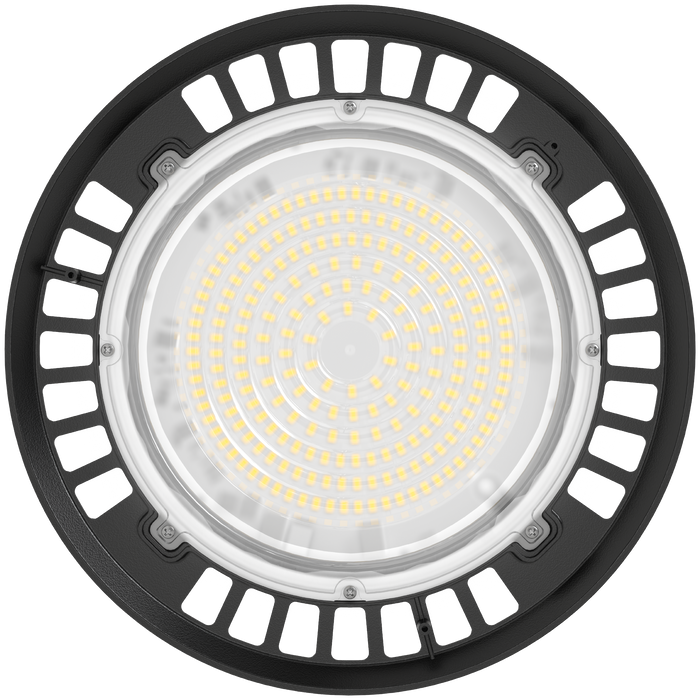 Front view of UFO high bay light with clear lens and circular LED array inside a black vented housing.