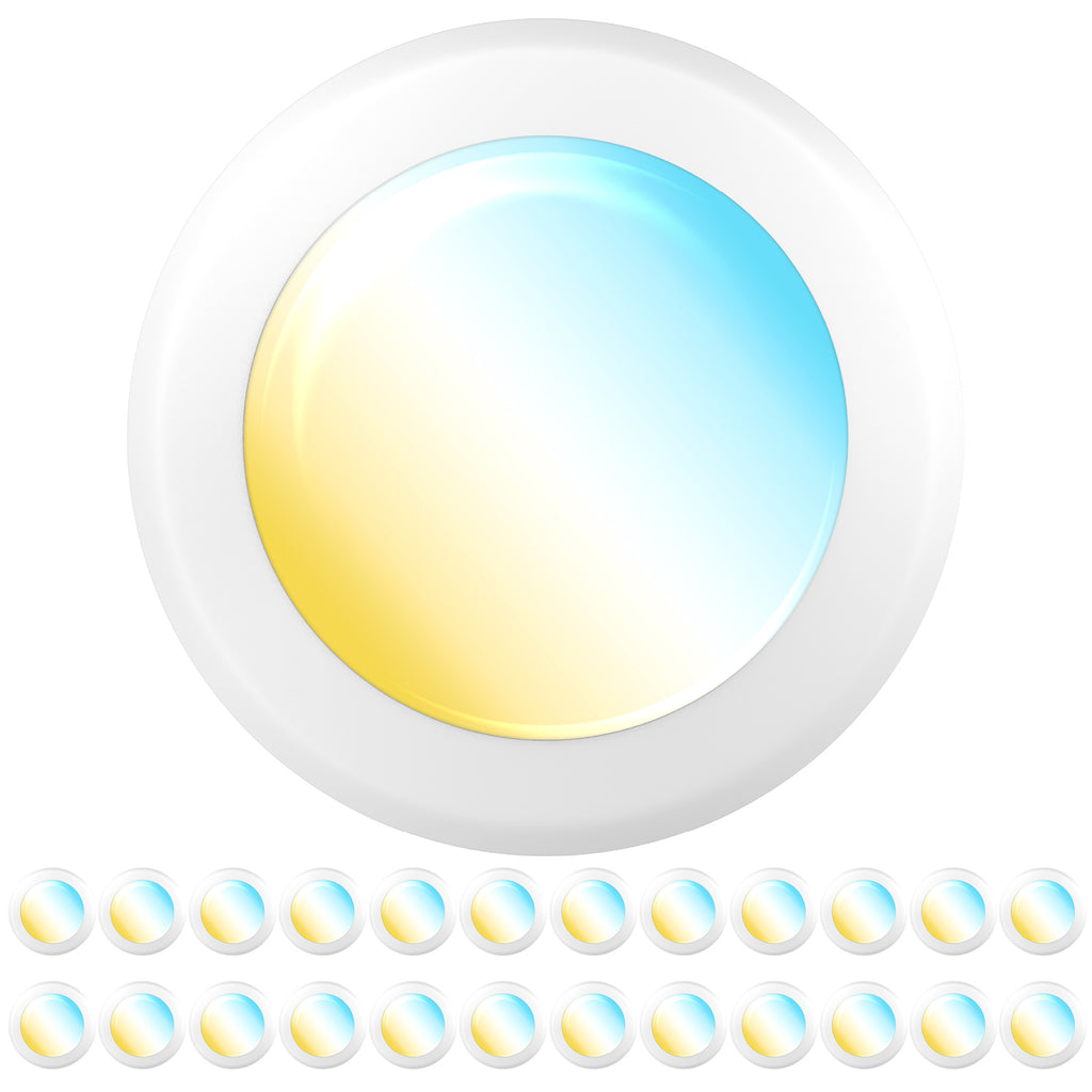 One oversized white disk light centered. Twenty four smaller matching units appear below in two rows to show a 24 pack.