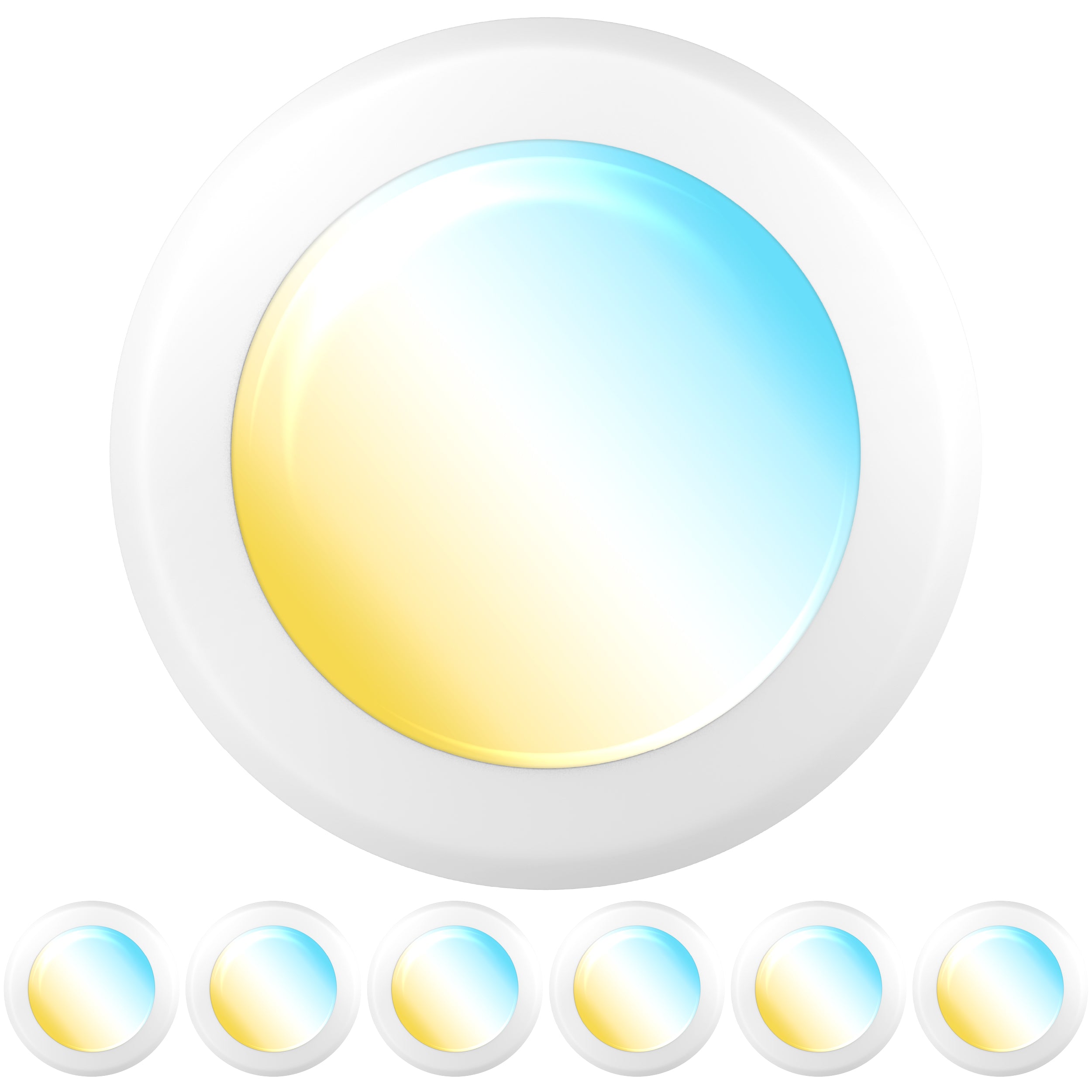 One oversized white disk light at top. Six matching mini units line the bottom to represent a 6 pack.