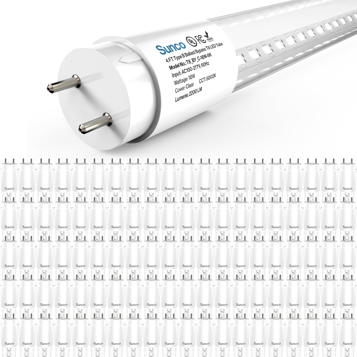 T8 LED Tube, 4ft, Clear, Bypass, Type B, 18W, Single/Double Ended, 2200 Lumens