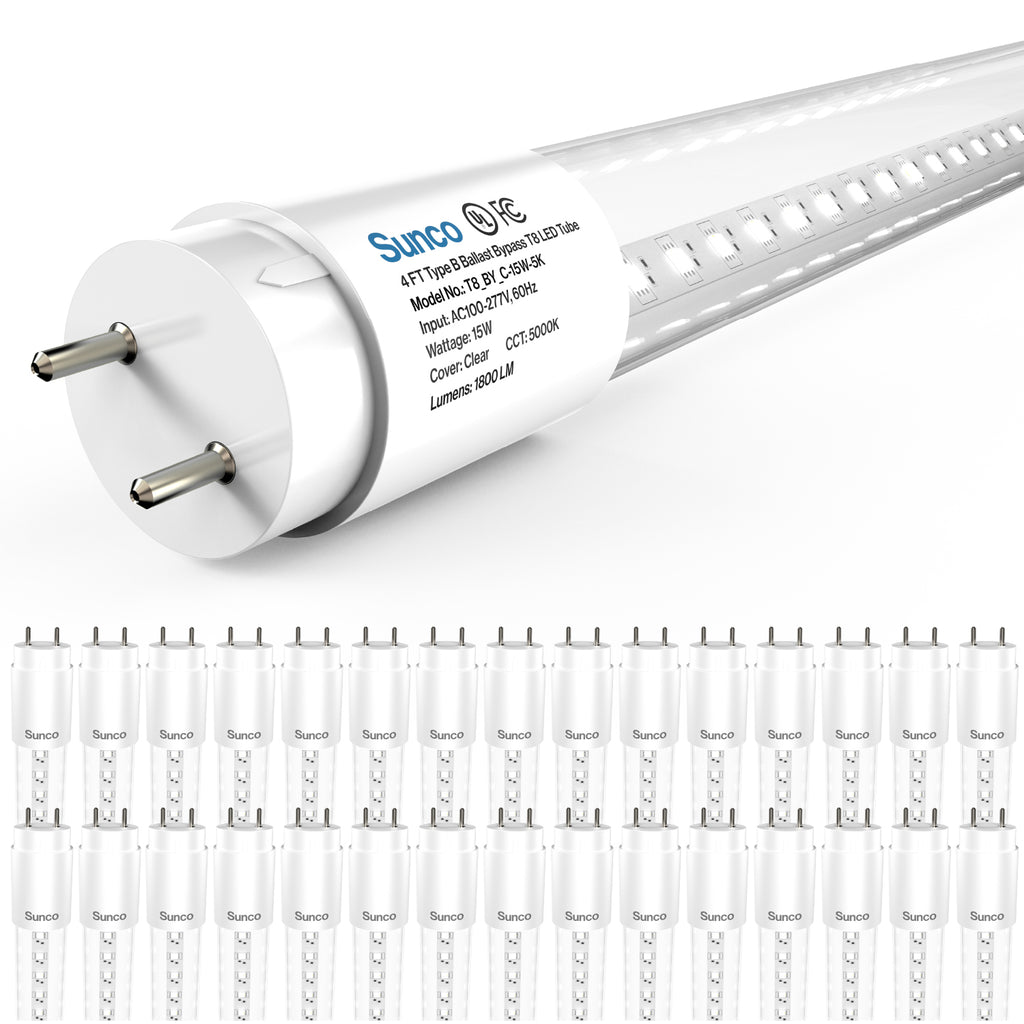 T8 LED Tube, 4ft, Clear, Bypass, Type B, 15W, Single/Double Ended, 1800 Lumens