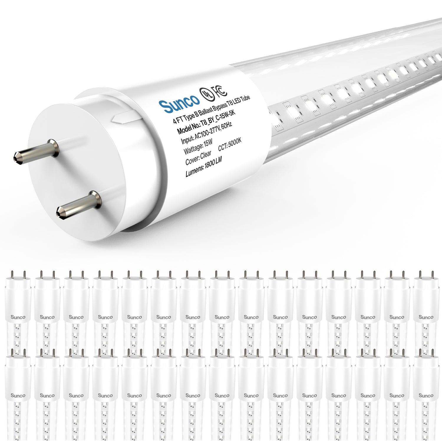 T8 LED Tube, 4ft, Clear, Bypass, Type B, 15W, Single/Double Ended, 1800 Lumens