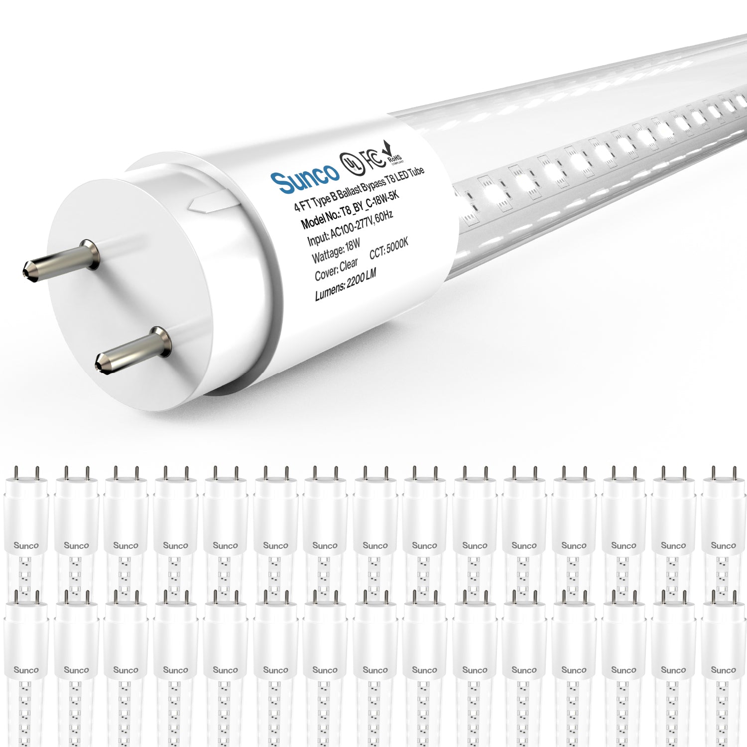 T8 LED Tube, 4ft, Clear, Bypass, Type B, 18W, Single/Double Ended, 2200 Lumens