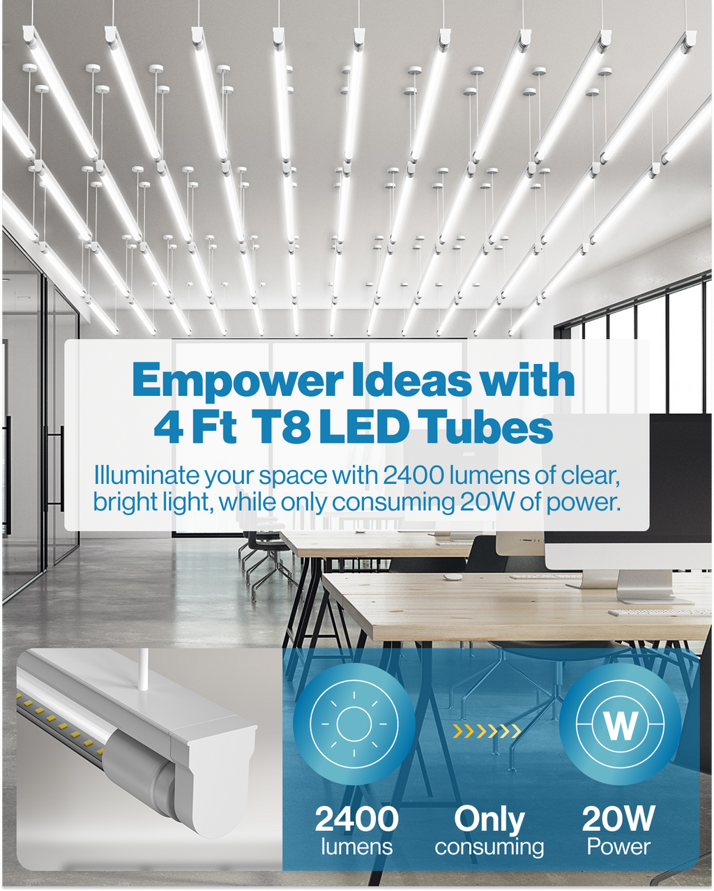 Illuminate your space with 2400 Lumens of clear, bright light, while consuming 20W of power.