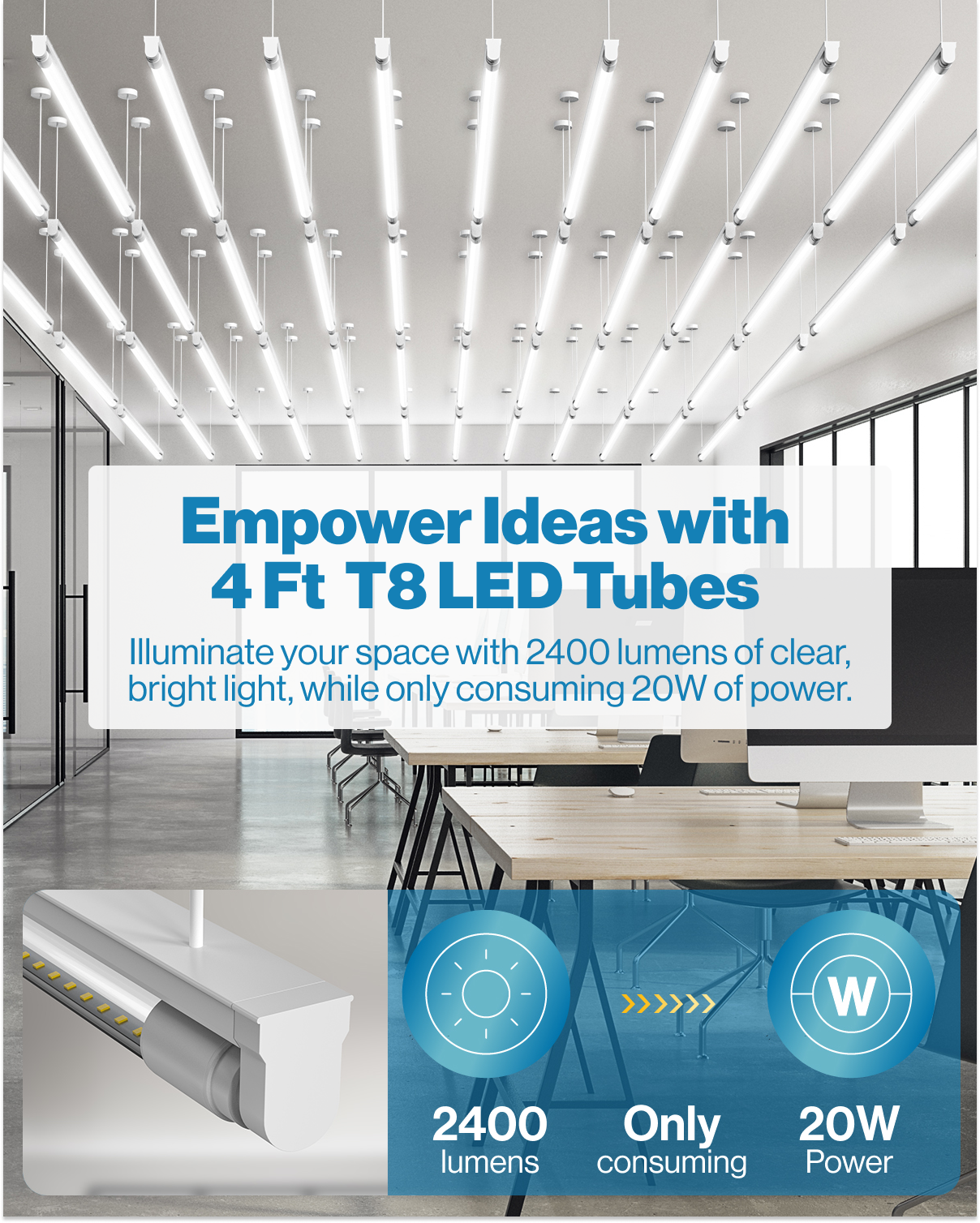 Illuminate your space with 2400 Lumens of clear, bright light, while consuming 20W of power.