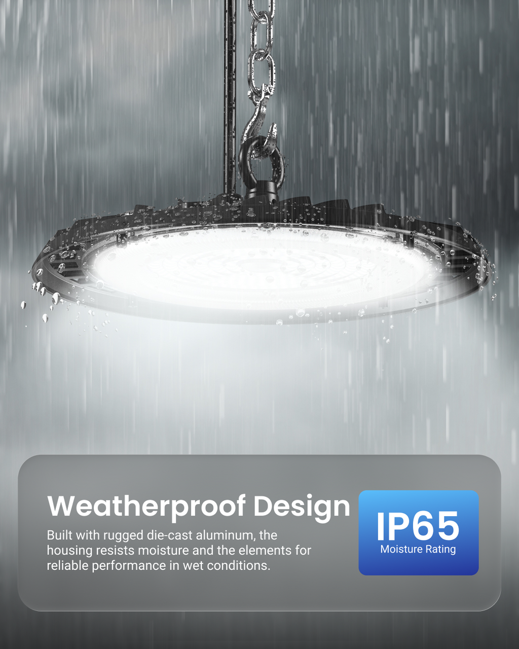 UFO high bay in simulated rain with IP65 weatherproof design callout for wet-condition performance