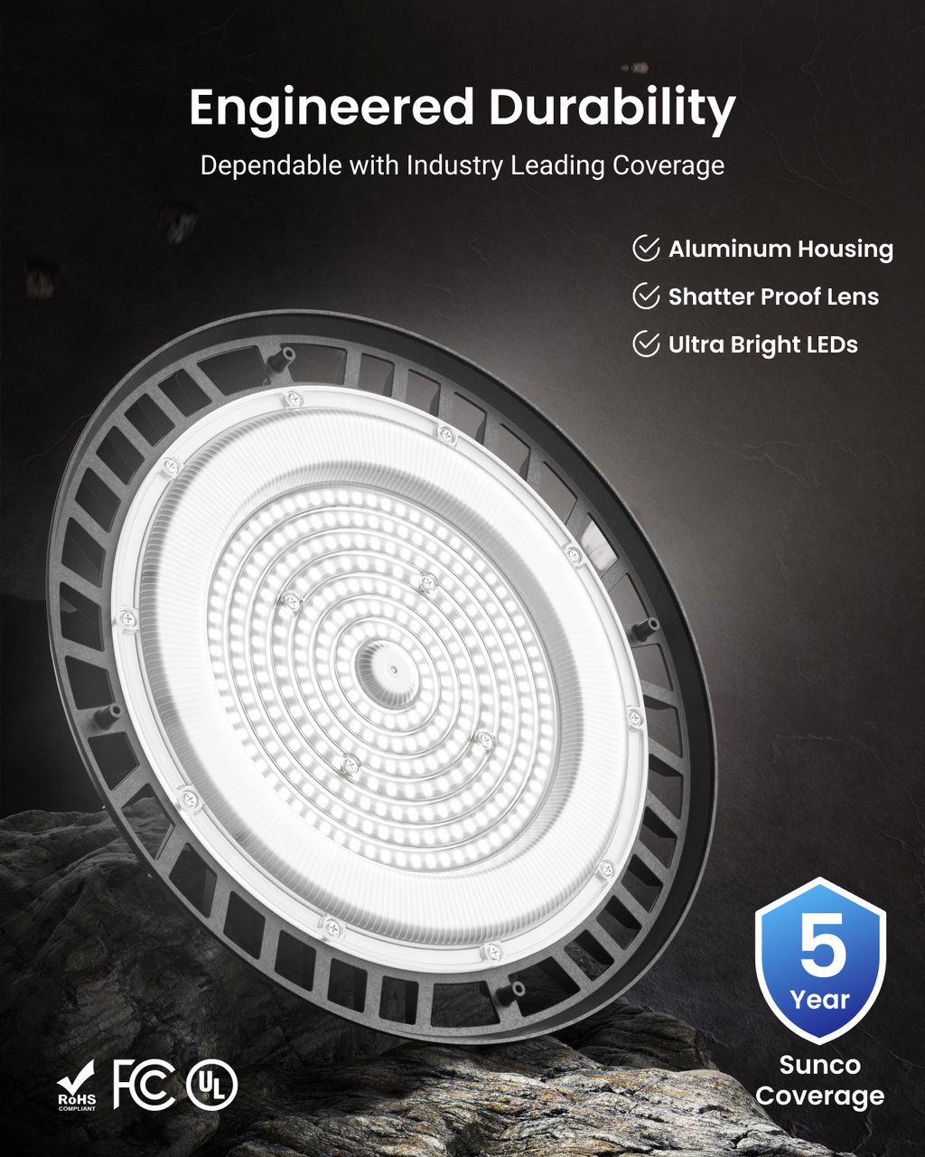 UFO high bay durability graphic with aluminum housing, shatterproof lens, ultra-bright LEDs, and 5-year coverage.
