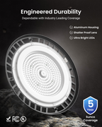 UFO high bay durability graphic with aluminum housing, shatterproof lens, ultra-bright LEDs, and 5-year coverage.
