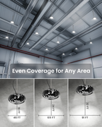 Warehouse ceiling lit by UFO high bays with 16 ft, 24 ft, and 32 ft mounting height coverage examples.
