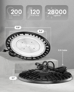 200W UFO high bay specs graphic with 120V, 28000 lumens, 5 ft cable, and 11.8 in width callouts.