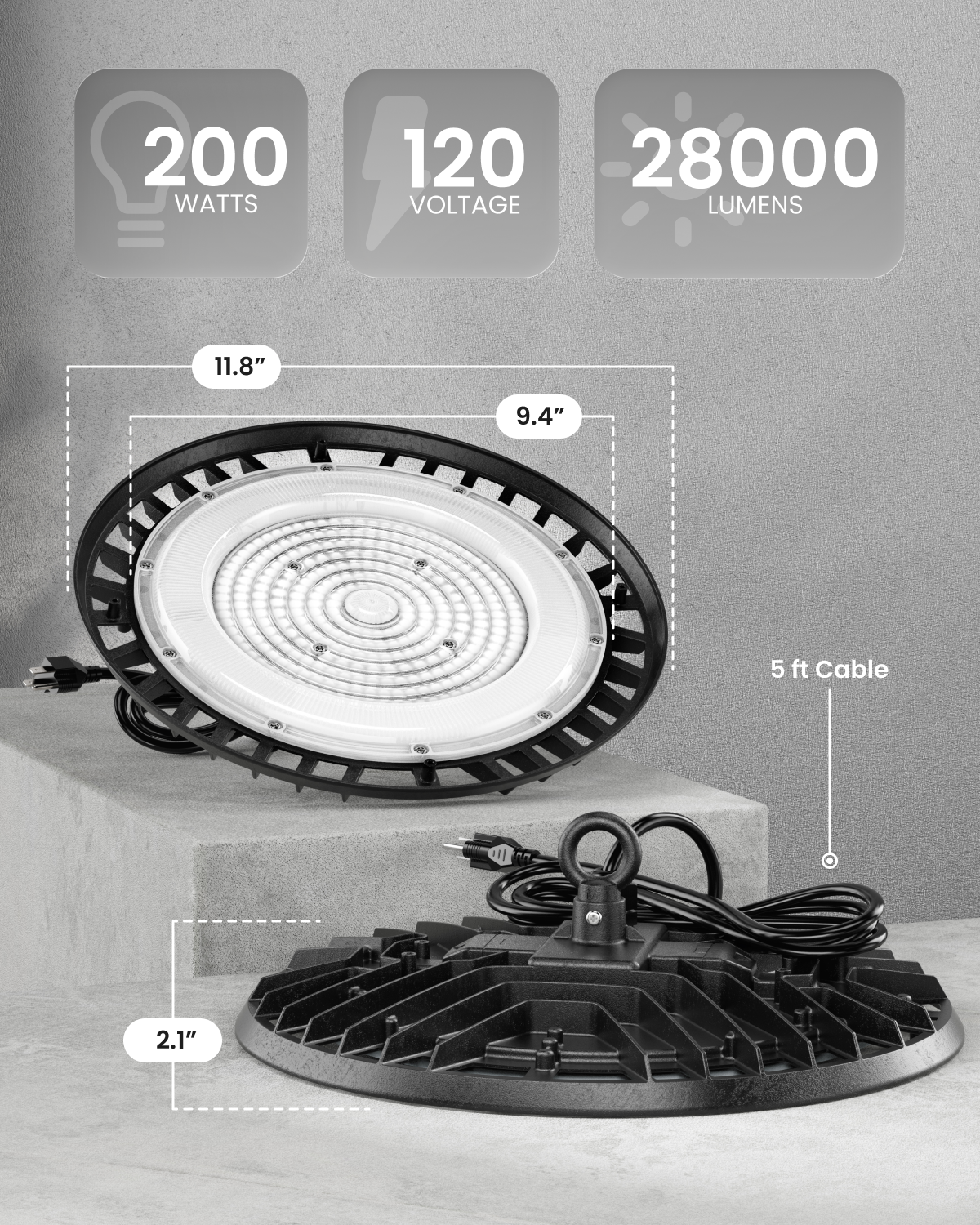 200W UFO high bay specs graphic with 120V, 28000 lumens, 5 ft cable, and 11.8 in width callouts.