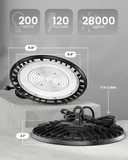 200W UFO high bay specs graphic with 120V, 28000 lumens, 5 ft cable, and 11.8 in width callouts.