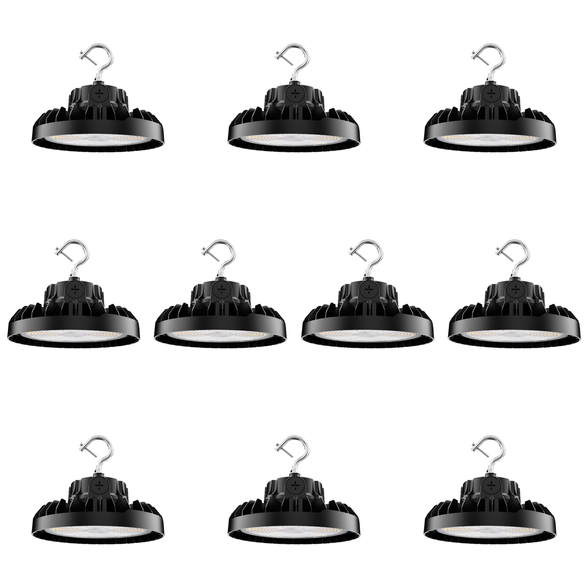 10-pack of black selectable-wattage LED UFO high bay lights with mounting hooks