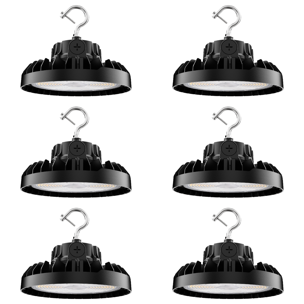 6-pack of black selectable-wattage LED UFO high bay lights with mounting hooks
