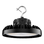 150W selectable UFO LED high bay with black housing and mounting hook, front view