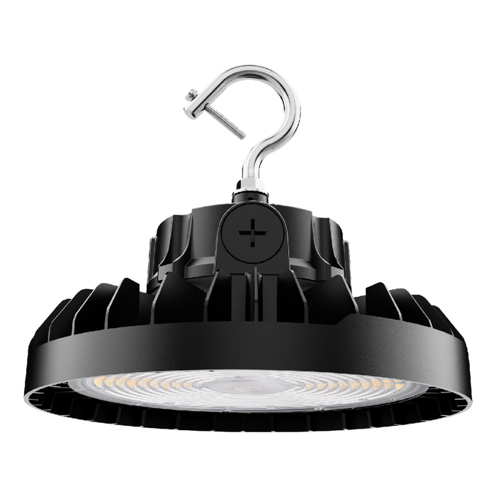 150W selectable UFO LED high bay with black housing and mounting hook, front view