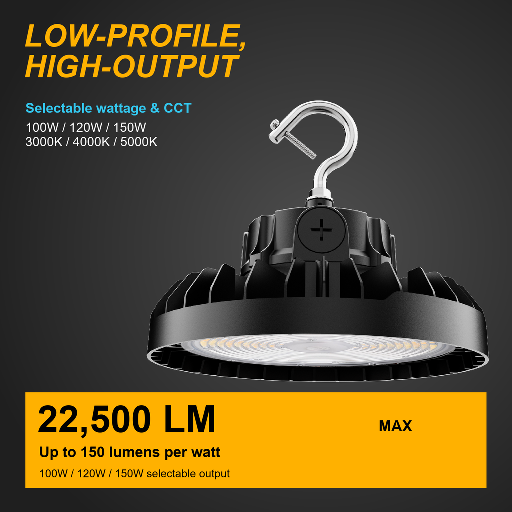 Selectable UFO LED high bay with up to 22,500 lumens and 100W, 120W and 150W settings