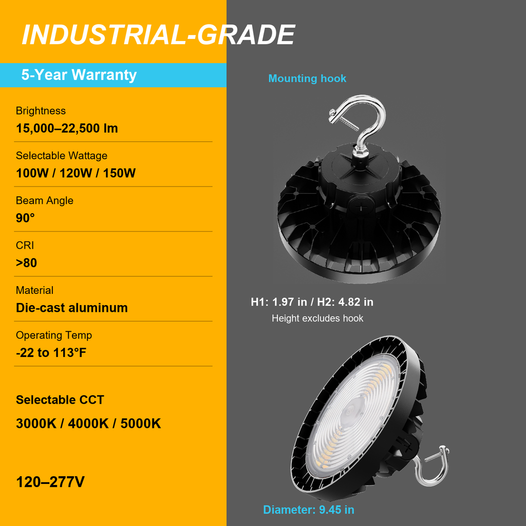 UFO high bay specifications showing 100W, 120W and 150W selectable wattage, 3000K, 4000K and 5000K CCT, and 15,000 to 22,500 lumens