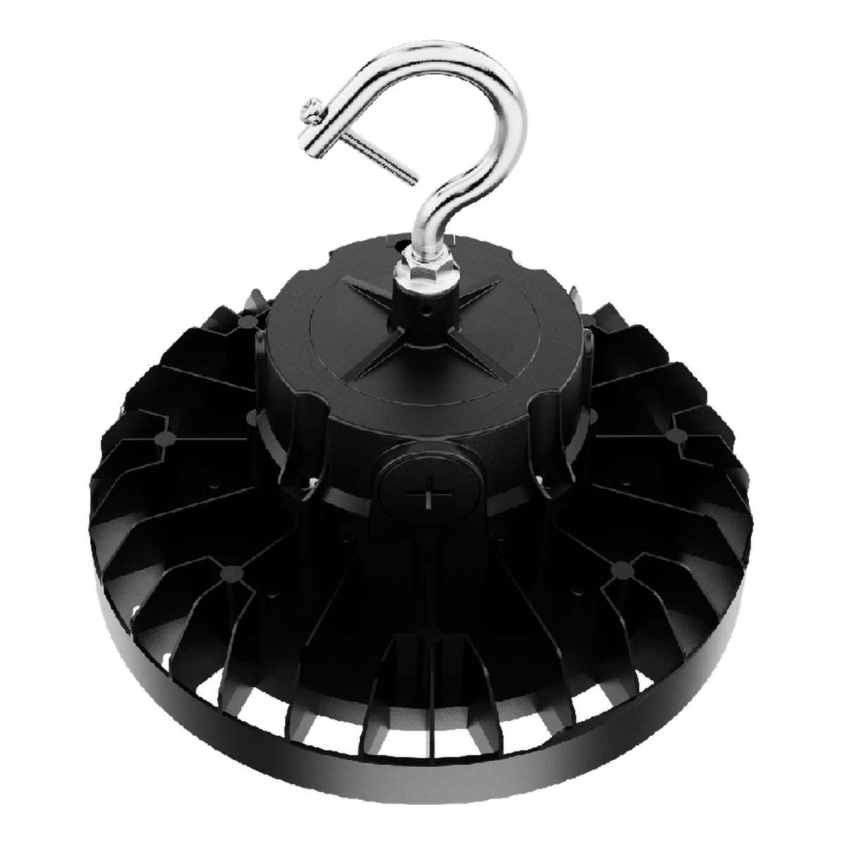 Top view of 150W selectable UFO LED high bay showing the housing fins and mounting hook