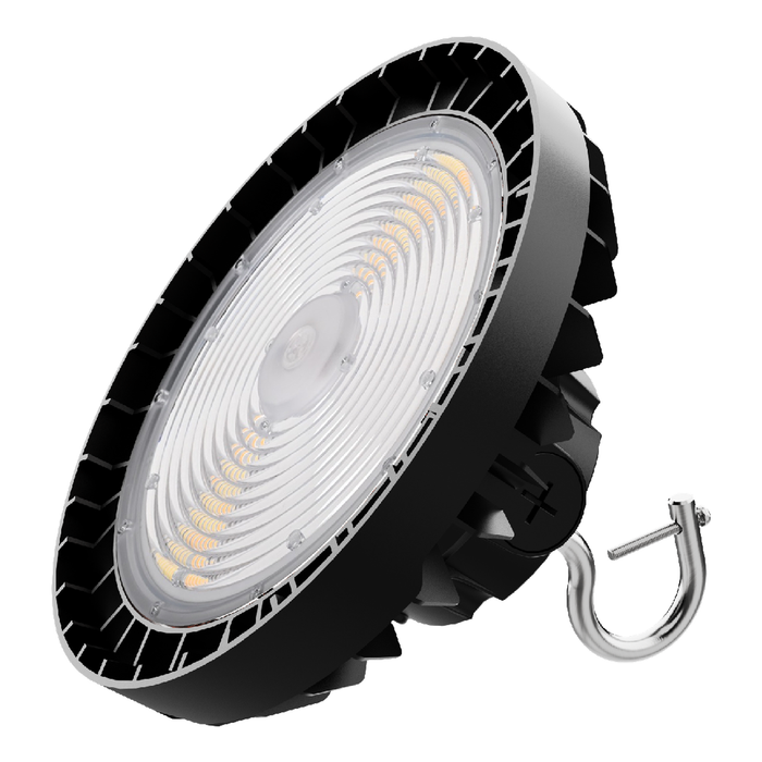 Underside view of 150W selectable UFO LED high bay showing the lens and mounting hook