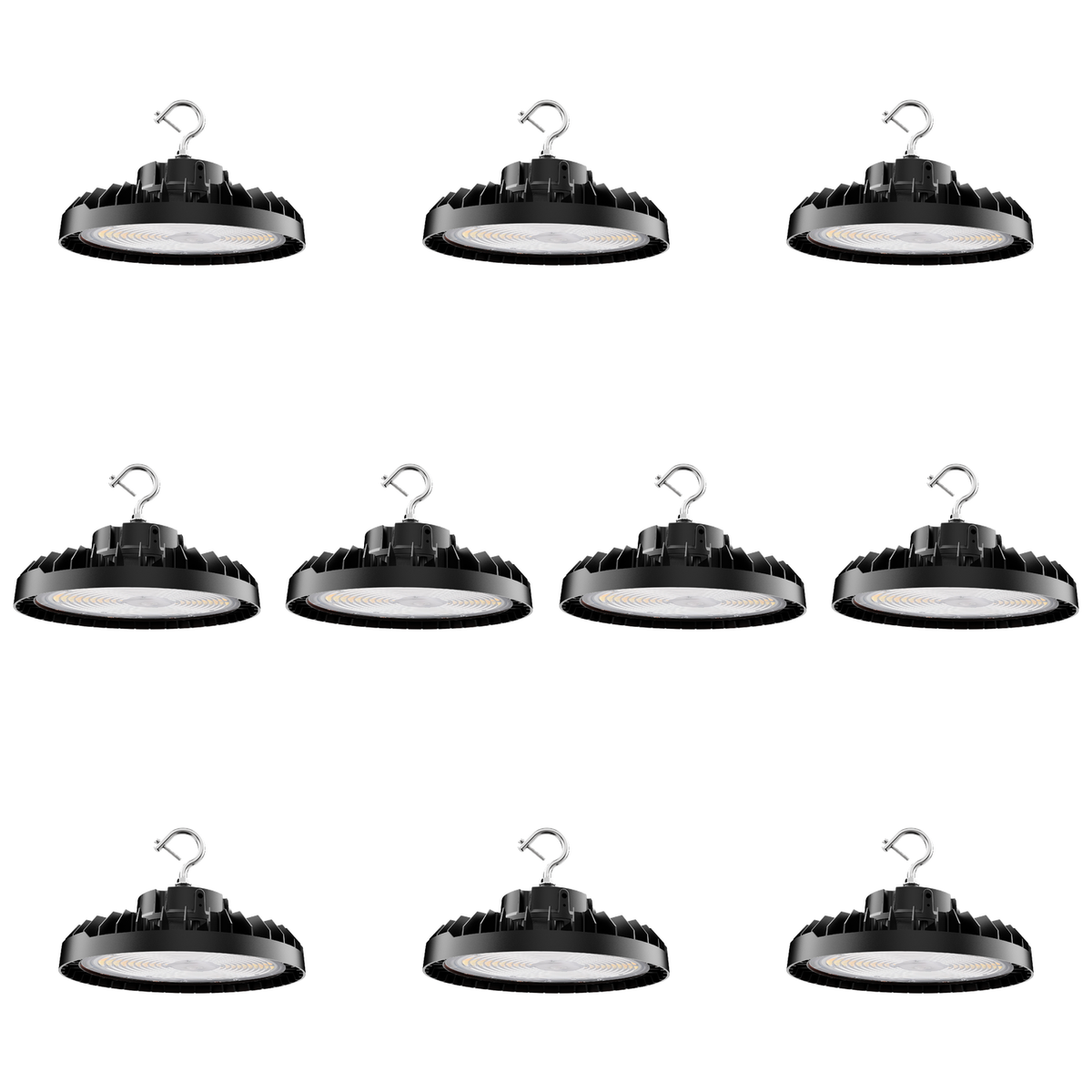 10-pack of black 240W selectable LED UFO high bay lights with mounting hooks