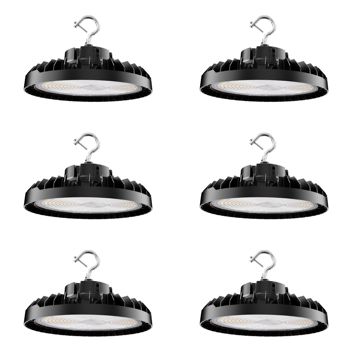 6-pack of black 240W selectable LED UFO high bay lights with mounting hooks