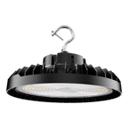 Black 240W selectable LED UFO high bay light with mounting hook, front view
