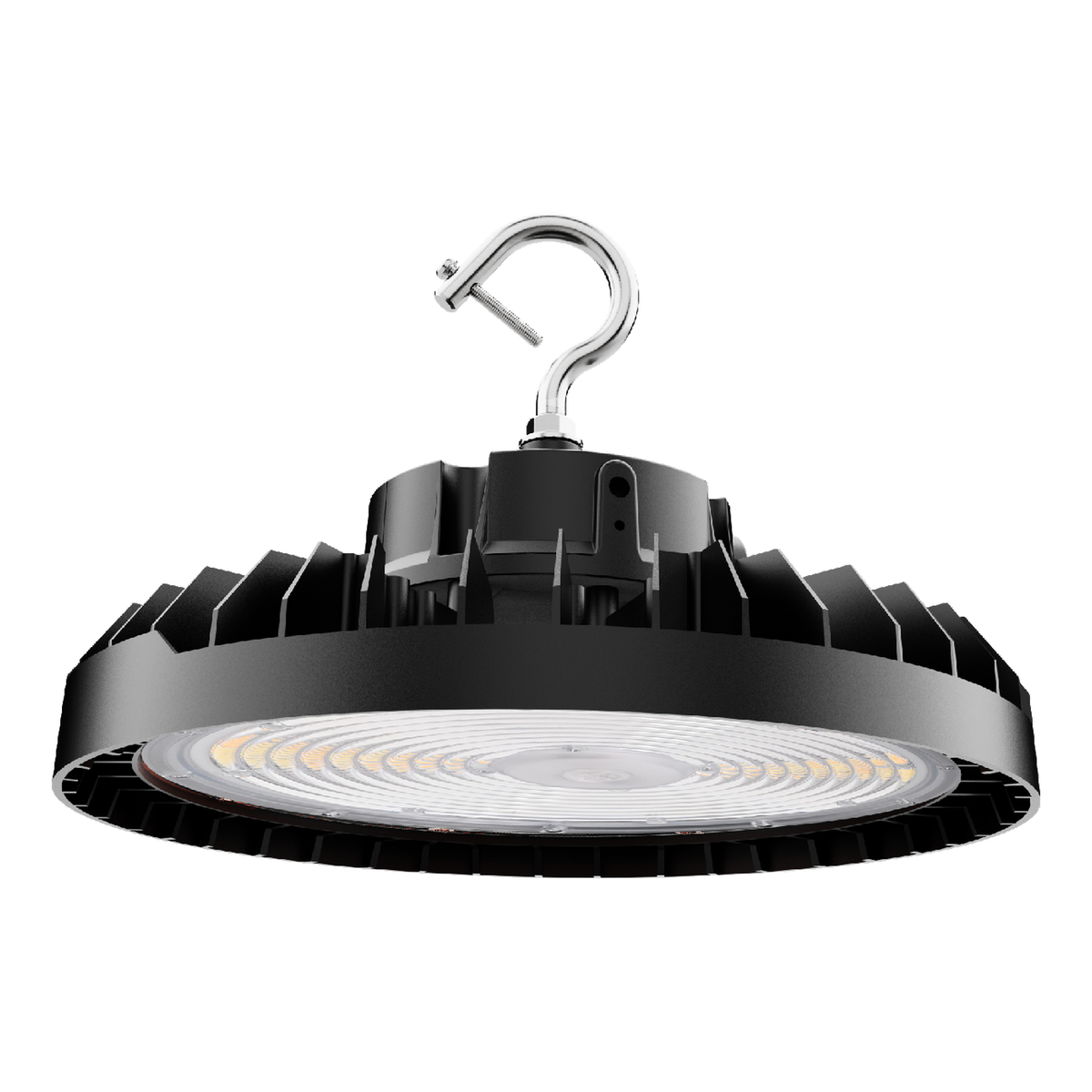 Black 240W selectable LED UFO high bay light with mounting hook, front view