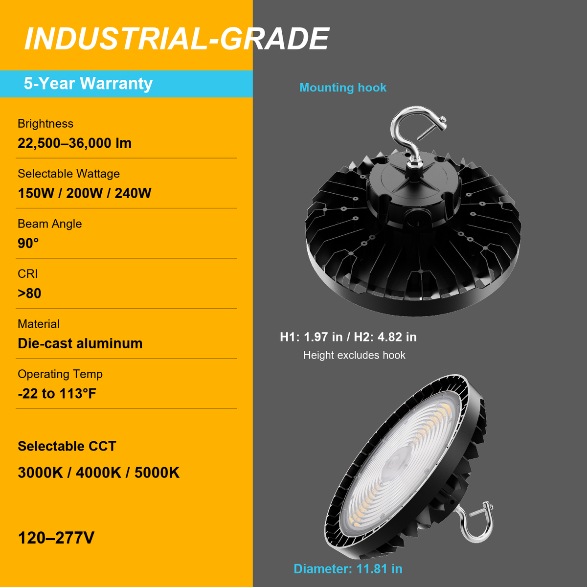 240W UFO high bay specifications: 22,500–36,000 lumens and selectable wattage and CCT