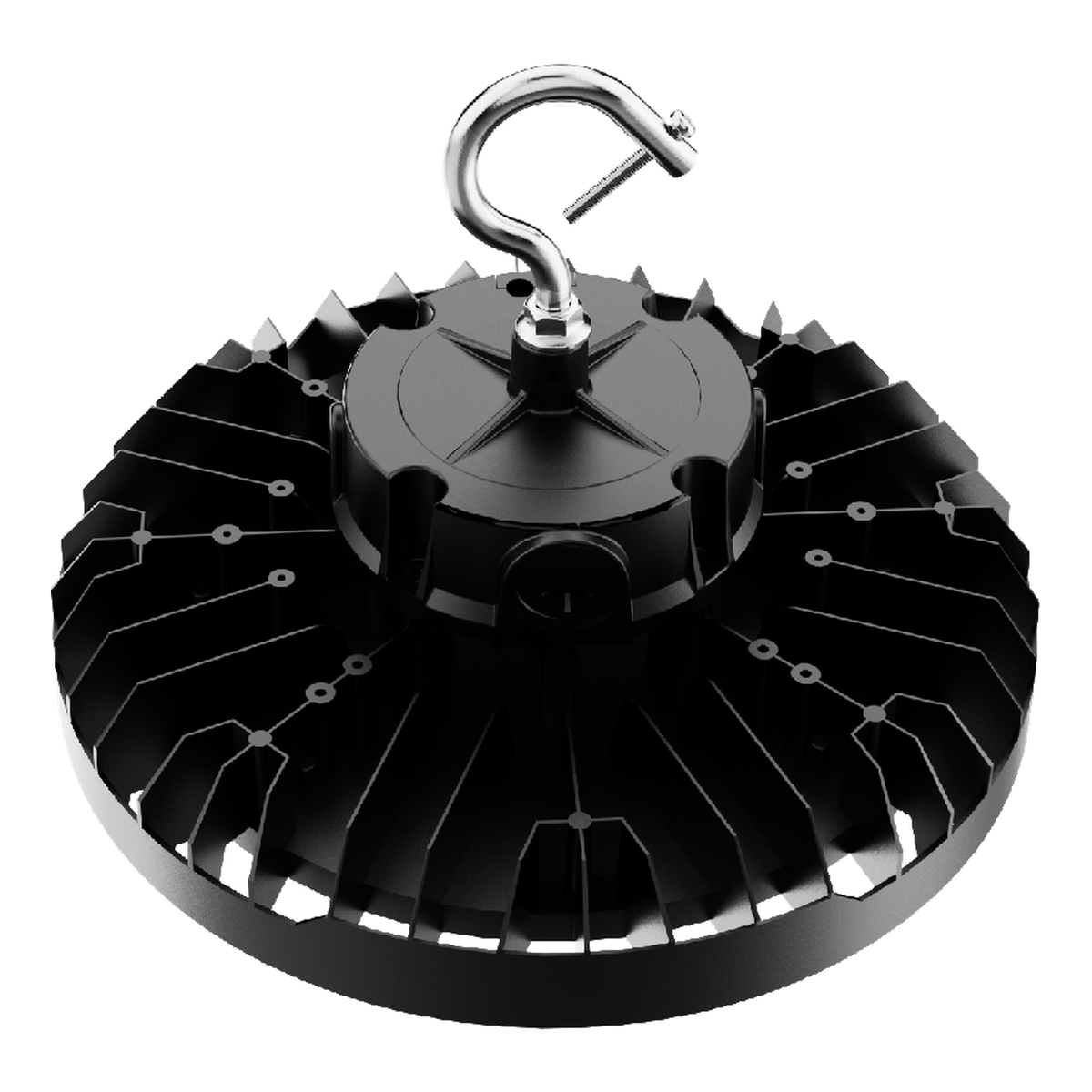 Top view of the 240W LED UFO high bay showing the housing and mounting hook