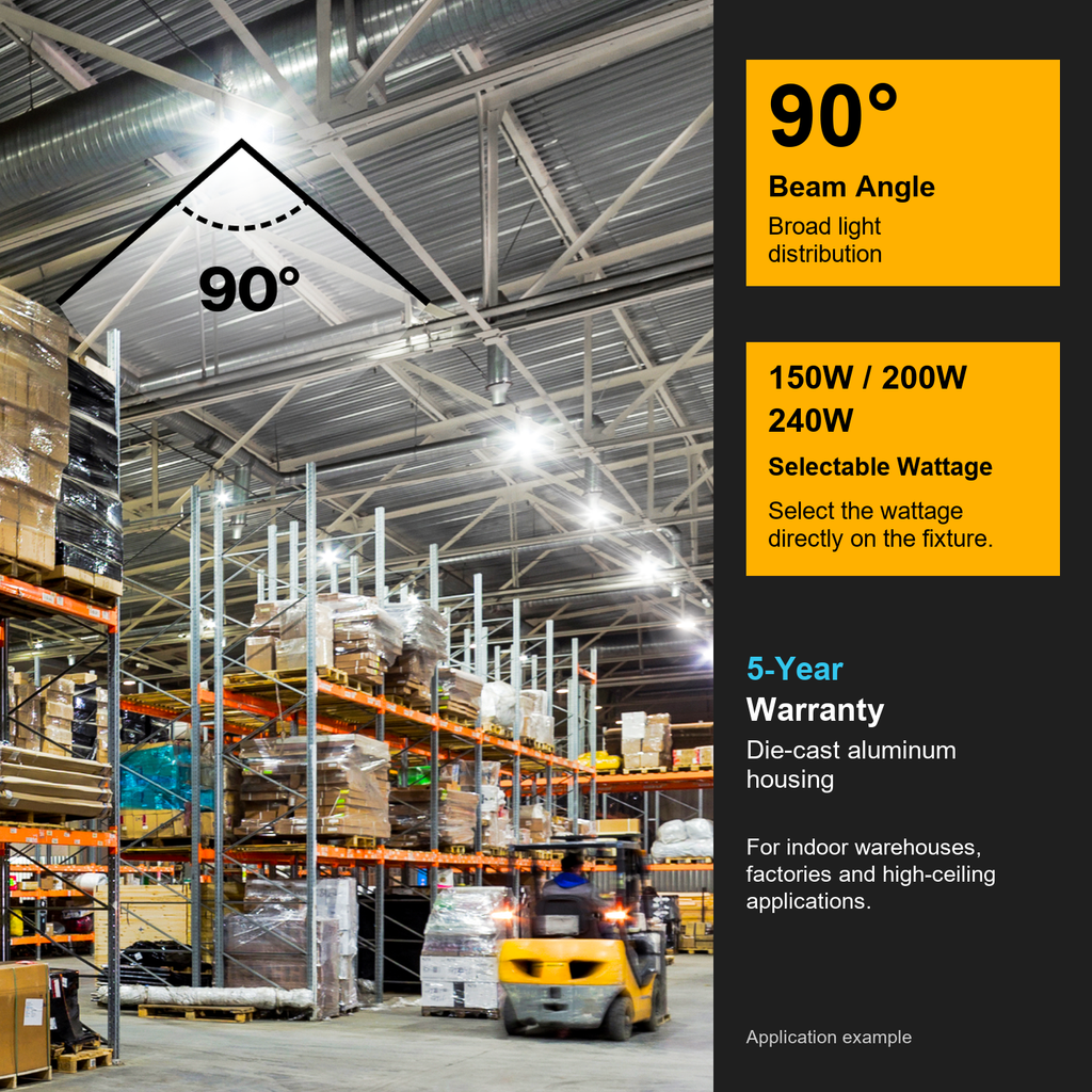 Warehouse lighting application example with a 90-degree beam angle