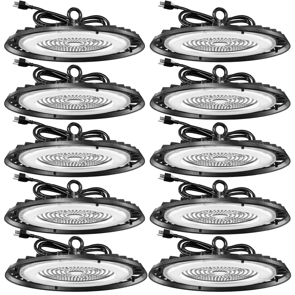 Ten UFO high bay lights arranged in a grid, each with plug-in cord, hanger ring, black housing, and clear lens.