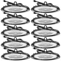 Ten UFO high bay lights arranged in a grid, each with plug-in cord, hanger ring, black housing, and clear lens.