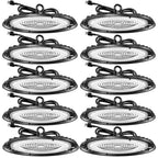 Ten UFO high bay lights arranged in a grid, each with plug-in cord, hanger ring, black housing, and clear lens.