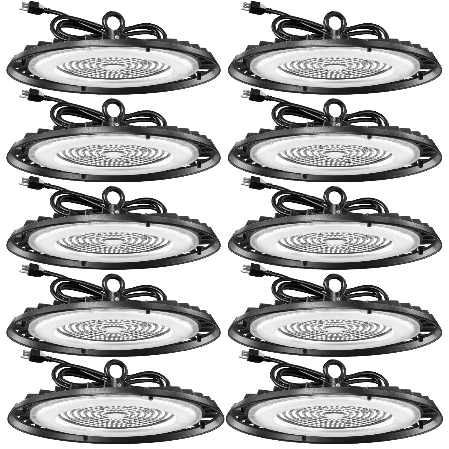 Ten UFO high bay lights arranged in a grid, each with plug-in cord, hanger ring, black housing, and clear lens.