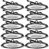 Ten UFO high bay lights arranged in a grid, each with plug-in cord, hanger ring, black housing, and clear lens.