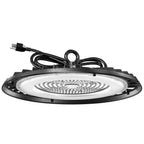 Single 200W UFO high bay with plug-in cord, coiled cable, hanger ring, black housing, and clear lens.