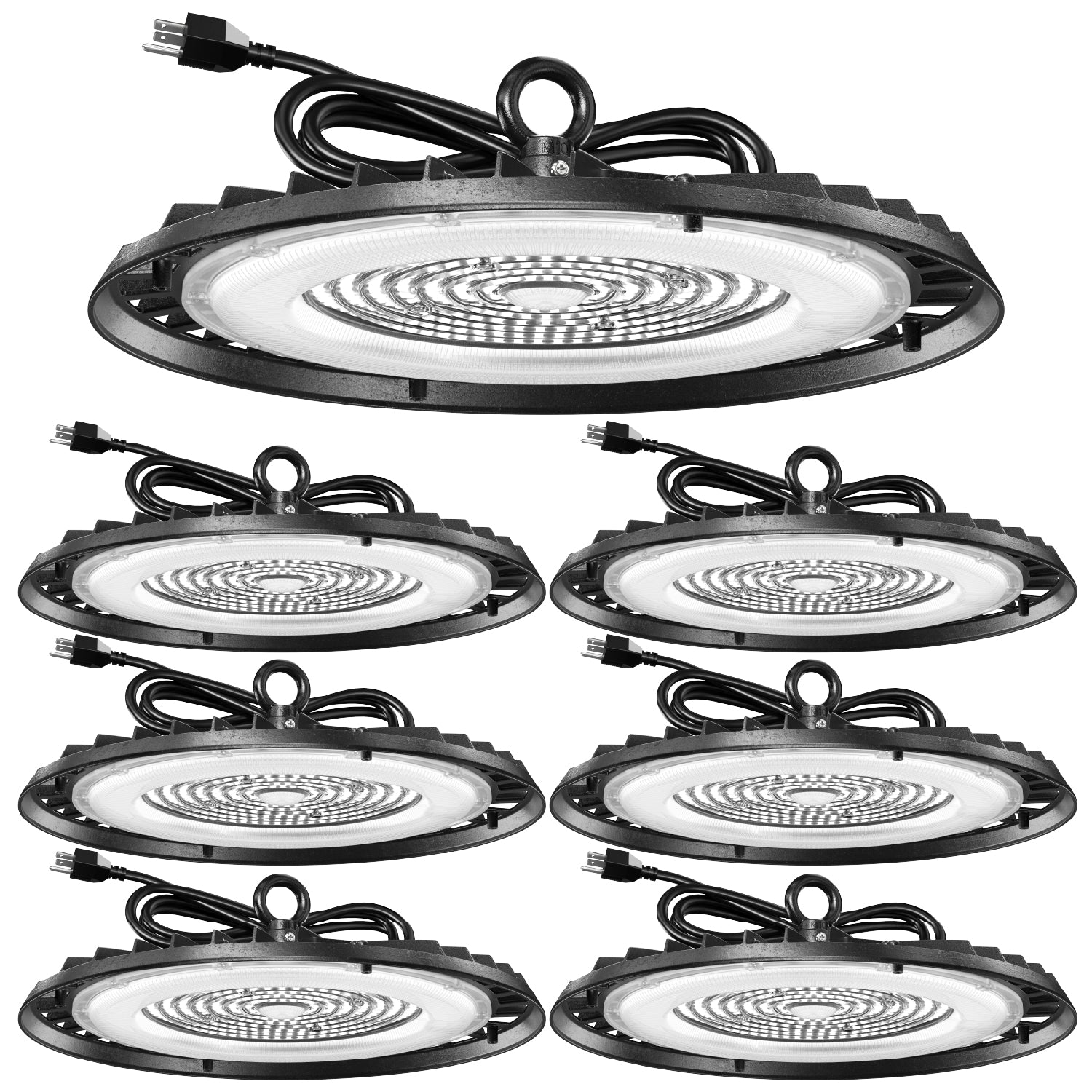 Large hero UFO high bay plus six smaller duplicates, with plug-in cords, hanger rings, and clear lenses.