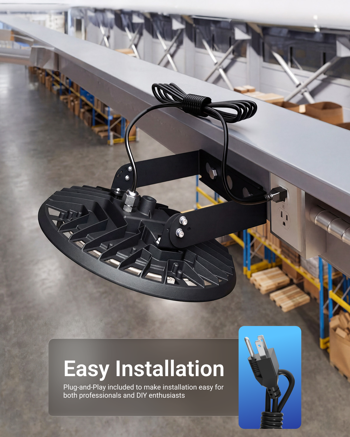 150W UFO high bay with U-bracket and plug-in cord mounted near an outlet above a warehouse floor