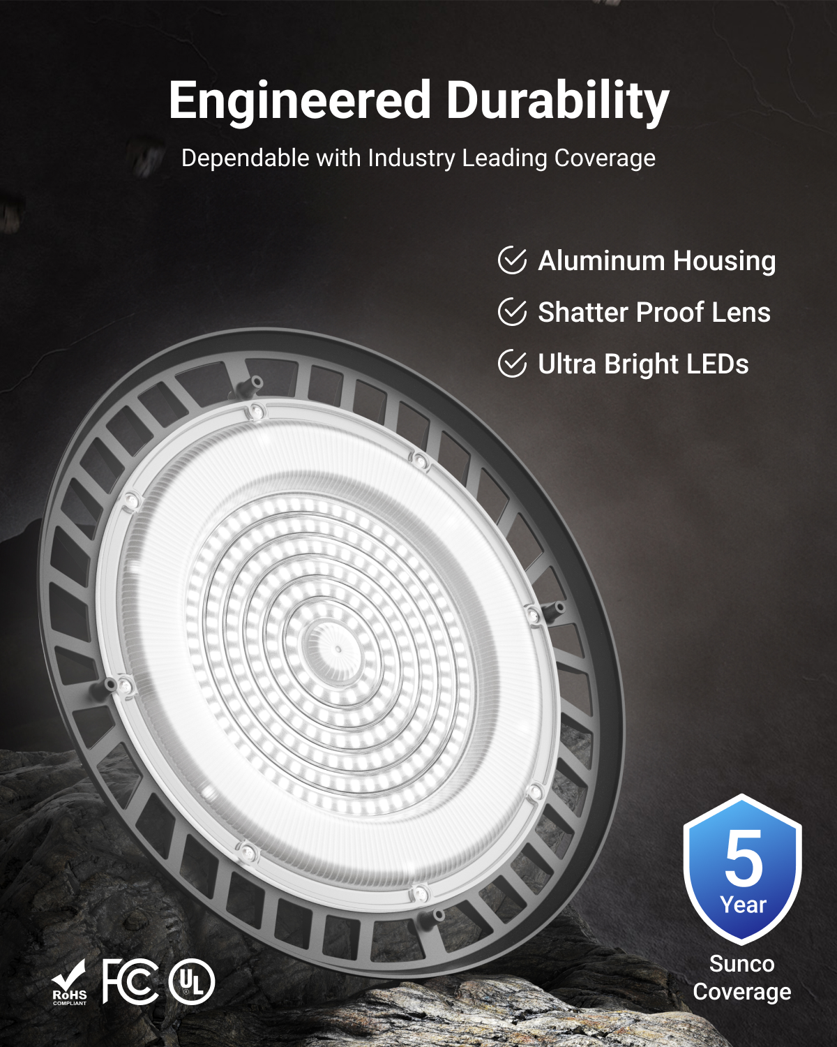 UFO High Bay 150W Plug & Play LED Fixture with U-Bracket, 2-Step Install, 19500 Lumens