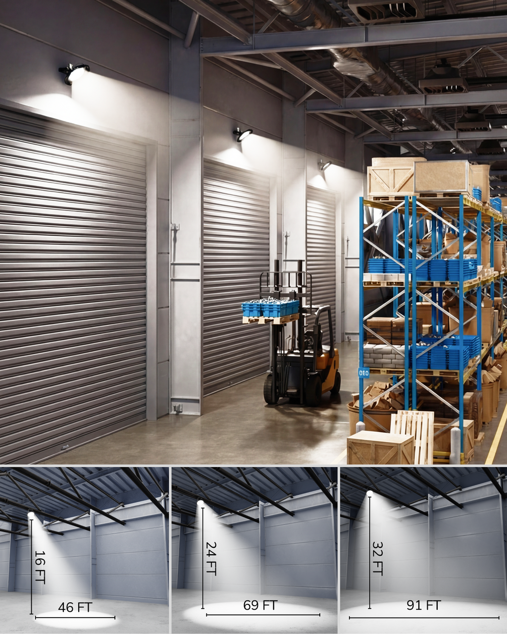  IP65 weatherproof UFO high bay light. Outdoor UFO high bay with U-bracket operating in rain, highlighting IP65 moisture resistance and weatherproof build