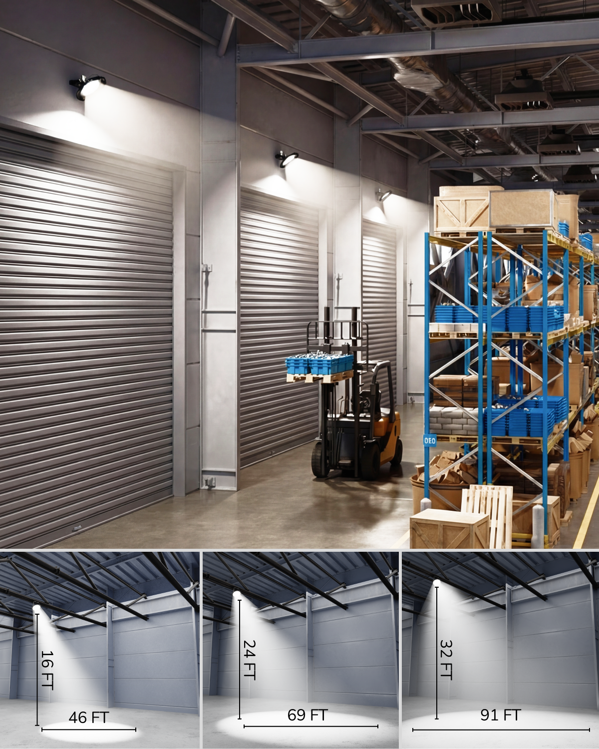  IP65 weatherproof UFO high bay light. Outdoor UFO high bay with U-bracket operating in rain, highlighting IP65 moisture resistance and weatherproof build