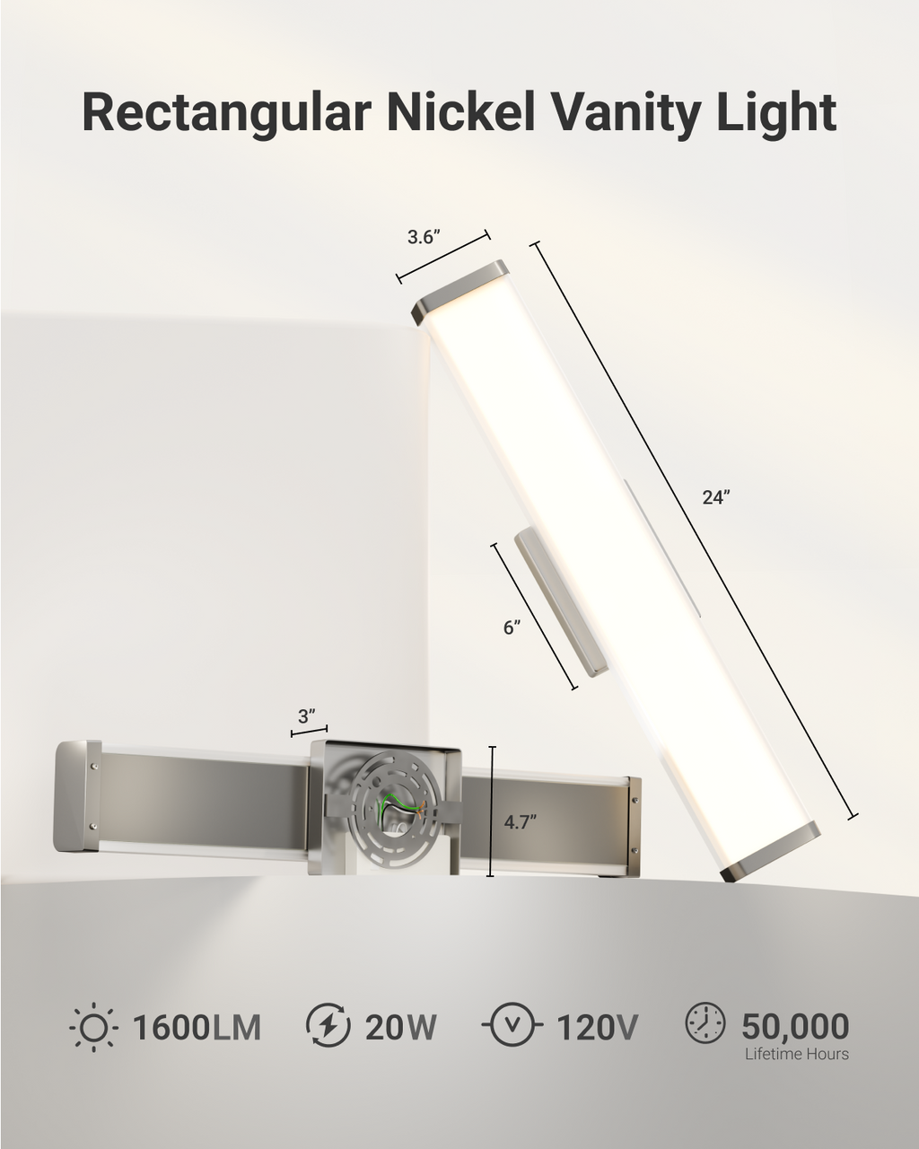 Sunco Nickel rectangular vanity light is 24 inches long with a width of 3.6 inches. Mounting bracket is 6 inches long.  