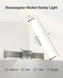 Sunco Nickel rectangular vanity light is 24 inches long with a width of 3.6 inches. Mounting bracket is 6 inches long.  
