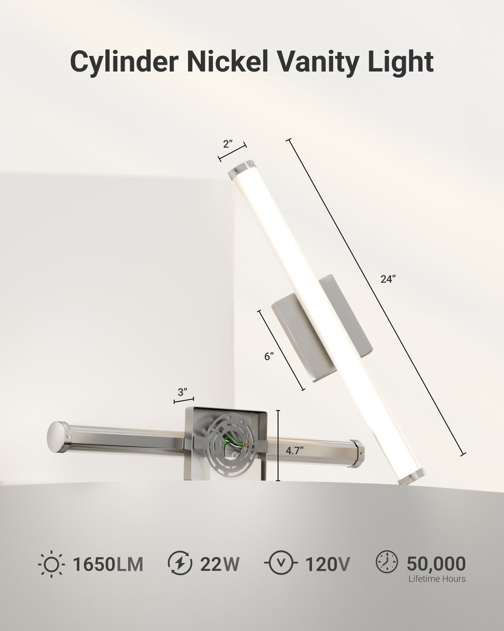 Sunco Cylinder Vanity Light is 24" long and 2" wide.