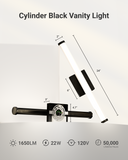 Sunco cylinder black vanity light is 24" long and 2" in diameter. 22W, Black, Selectable CCT, 1650 Lumens