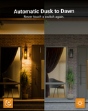 Dusk to Dawn Photocell Sensor. Sunco’s Avalon Wall Sconce was built with a photocell sensor that automatically lights up in the absence of light. This means no timer is required. You can use the bulb in exterior applications for nighttime light on the exterior of your home or commercial building. The image shows a Spanish tiled roof home with bright sun on one half and night on the other. Our D2D LED light fixture has turned on automatically at night and will do so even when you are out