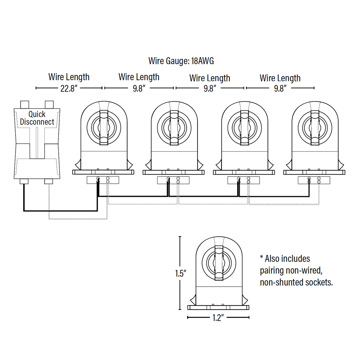 Wiring Harness for Single-End, Non-Shunted Tombstones, T8/T12 Socket