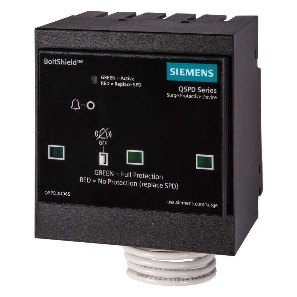 Siemens BoltShield 240V 3-Pole Three-Phase 3-Wire 65kA Plug-In Surge Protection Device, model QSPD3D065, product label detail
